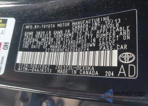 2014 Toyota Corolla S Plus from USA, damaged, VIN 2T1BURHE4EC040774